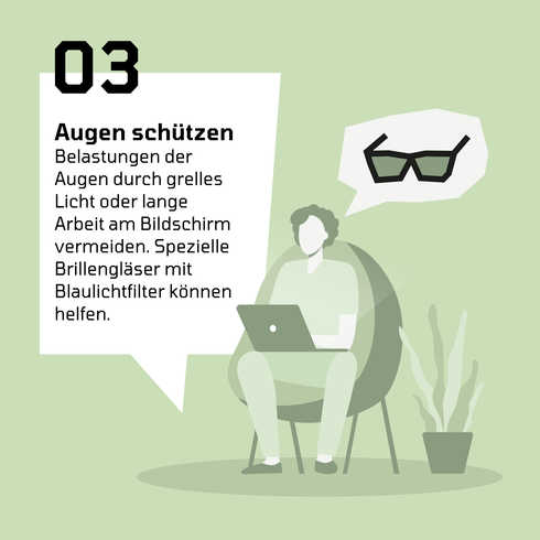 Grafik Migräne: Schmerzen lindern Die Grafik zeigt wie man die Augen schützen kann bei Migräne.