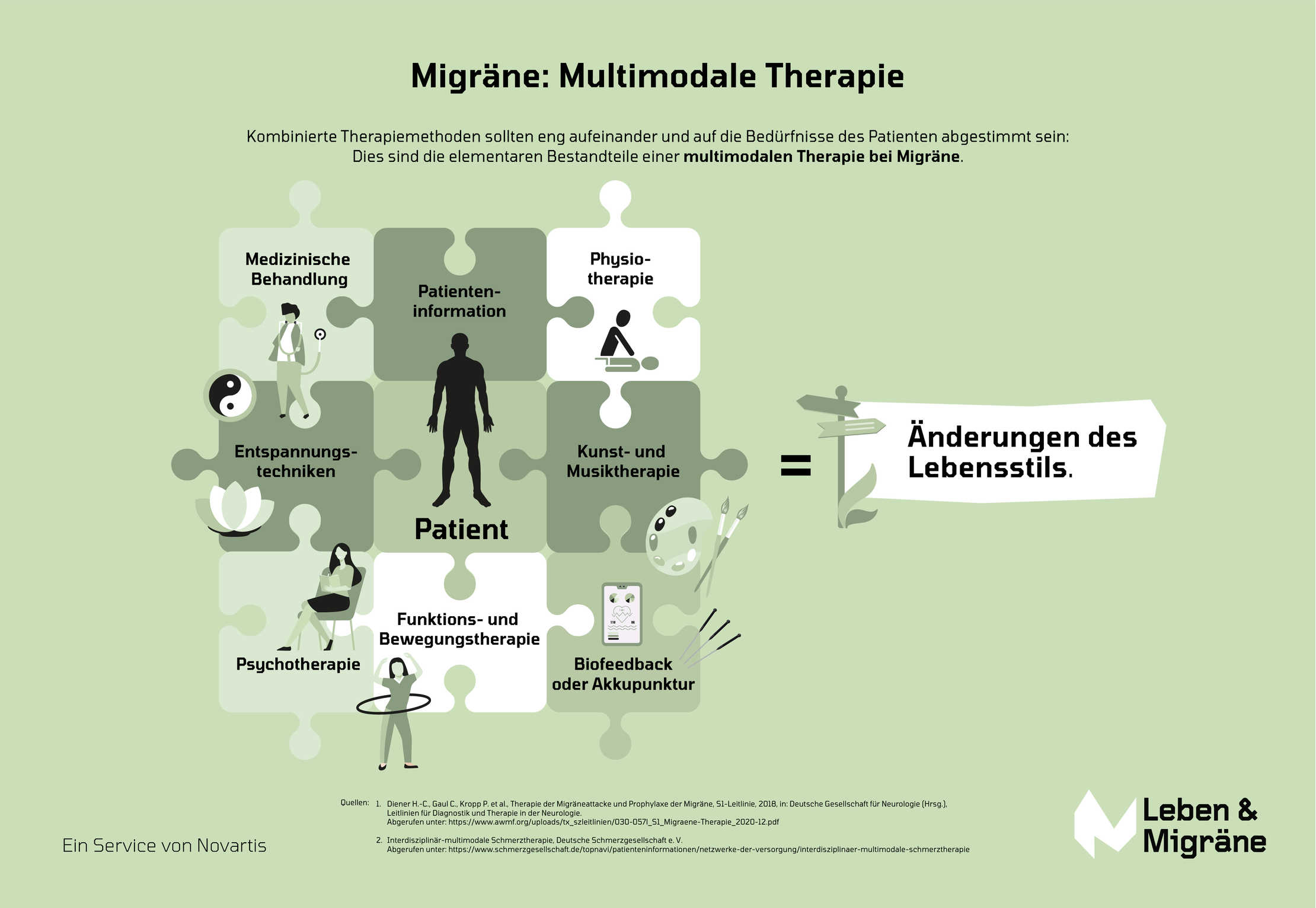 Die Grafik zeigt die multimodale Therapie bei Migräne.