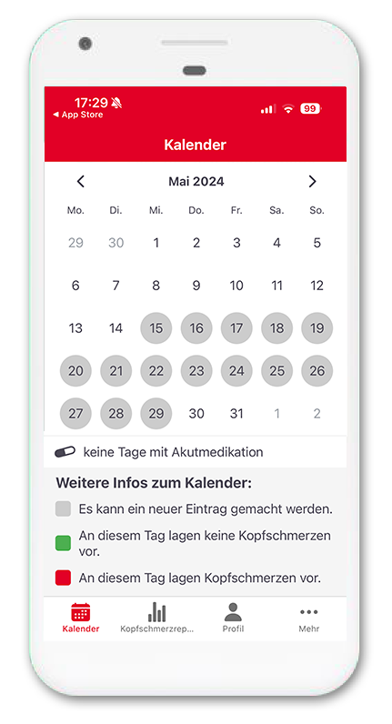 Screenshot des Kopfschmerzkalenders in der App des Deutsche Migräne- und Kopfschmerz-Gesellschaft e. V