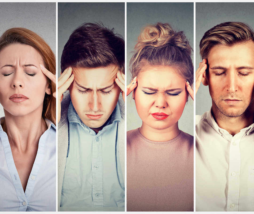 Eine aneinandergereihte Collage aus Bildern von Menschen, die bei geschlossenen Augen die Hände an die Schläfen halten.